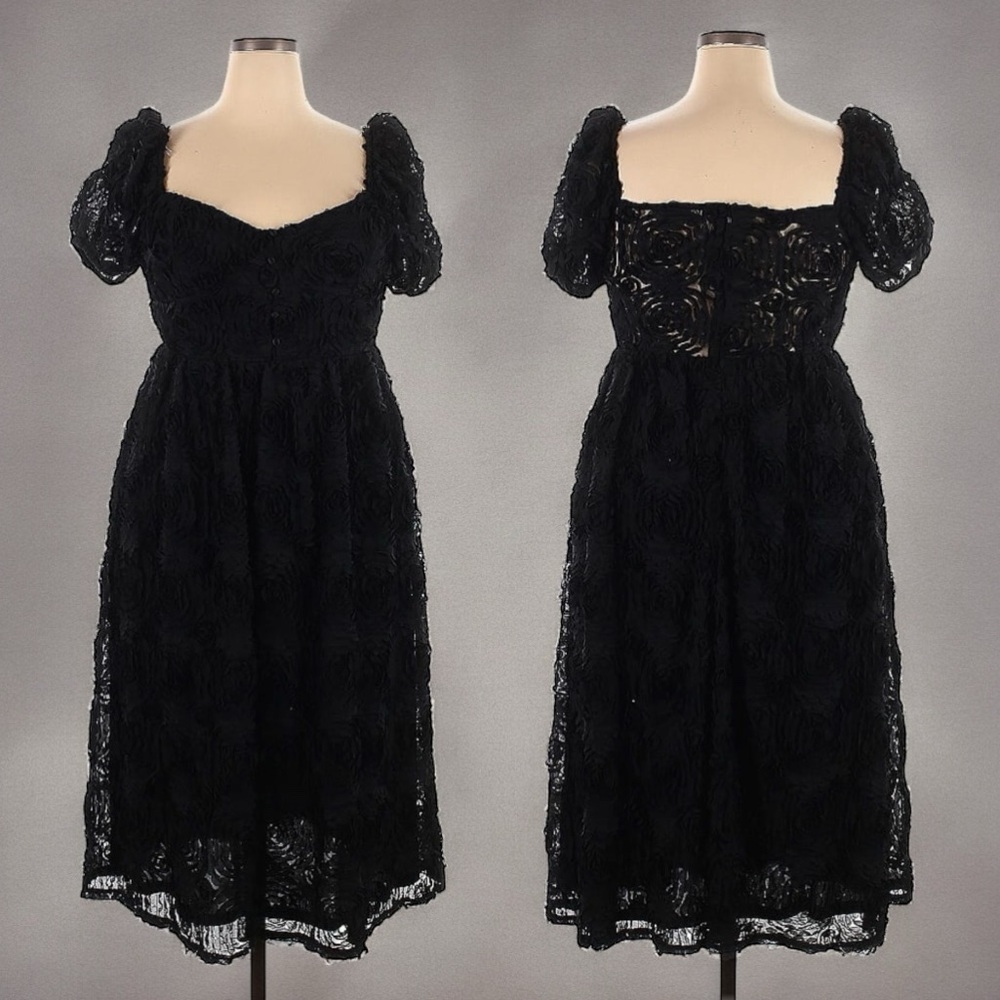 NWT Zara Black 3D Floral Puff Sleeve Midi Dress | XL